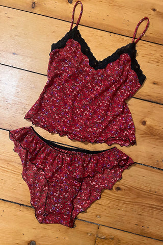LOW STOCK Demeter Mesh Flutter Panty in Deadstock Red Floral Mesh