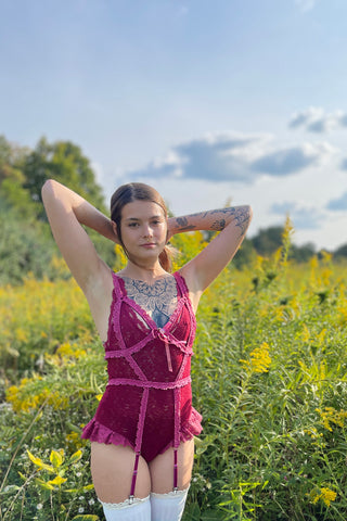 LAST ONE Adorella Body Cage in Ruby Vintage Crochet Lace