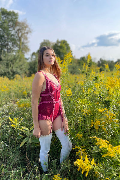 LAST ONE Adorella Body Cage in Ruby Vintage Crochet Lace