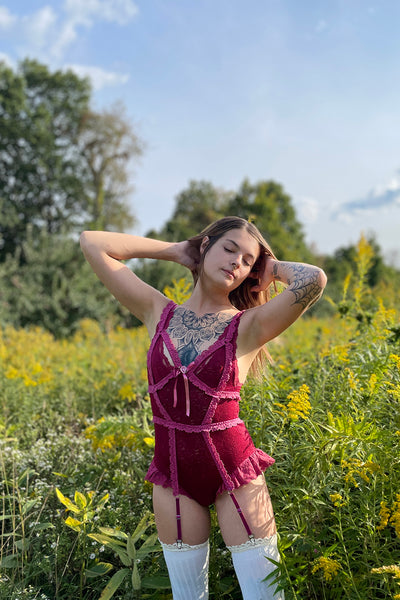 LAST ONE Adorella Body Cage in Ruby Vintage Crochet Lace