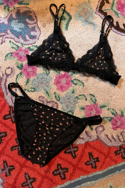 Demeanor Strap Bikini Panty in Vintage Black Floral Cotton