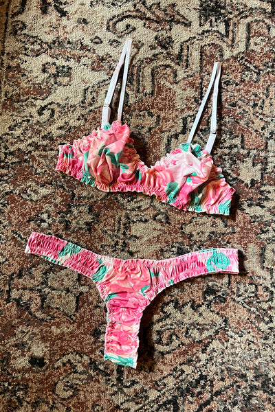 READY TO SHIP Oleander Bralette in Vintage Teal and Pink Rose Print Cotton Size M