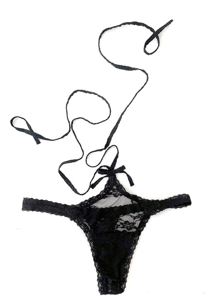 Rosehip Multi-Way Lace Tie Thong in Black Surplus Lace